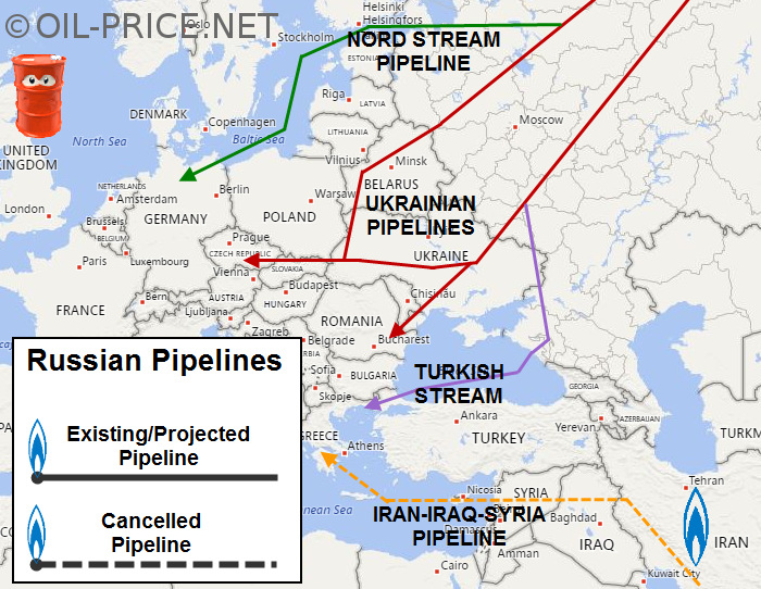 Map of Russian gas pipelines into Europe